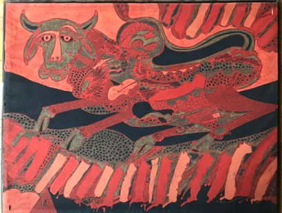 null École indonésienne (20e s.) 
Le Taureau fantastique, 1973 
Batik 
Signé K......