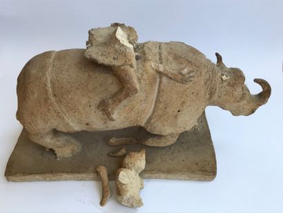 null Anonymous 
Young girl on rhinoceros 
Terracotta 
Very damaged 
H23 W37 D15cm...