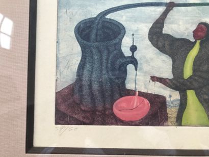 null Unidentified 
The Distiller 
Color lithograph framed under glass 
Signed in...