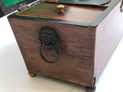 null Tea box ? 
Nice wooden box with two bronze lion handles 
Inside walls covered...