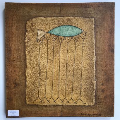 null Pascal BORDARIES (1961) 
Composition with fish, 1998 
Mixed media on wood panel...