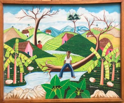 null Madsen MOMPREMIER (Haiti, 1952) 
Characters in a landscape 
Oil on isorel panel...