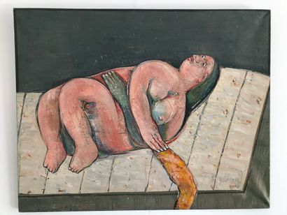 null Abraham HADAD (Irak, 1937) 
Femme nue allongée, 1987 
Huile sur toile 
Signée...