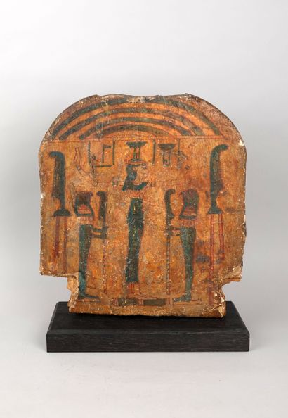 null Foot of sarcophagus in precious painted hardwood 
Goddess Nephthys surrounded...
