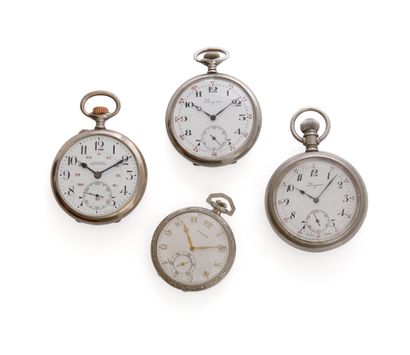 null Longines
A set of 4 metal and silver pocket watches, all with round cases, three...