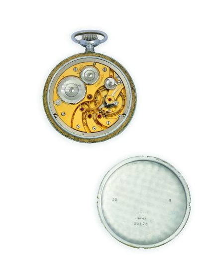 LONGINES Blackened steel pocket watch with mechanical movement - Round steel case,...