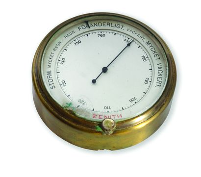 ZENITH Barometer
Brass barometer, white dial (with patina), black-painted Arabic...