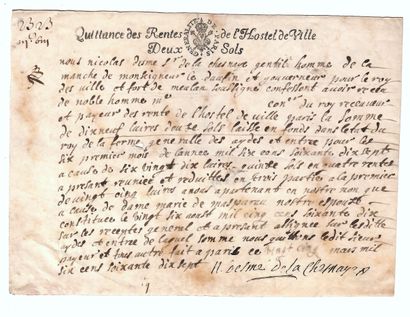 null YVELINES. 1677. MEULAN (78). Pièce signée Nicolas DESME DE LA CHESNAYE Gentilhomme...