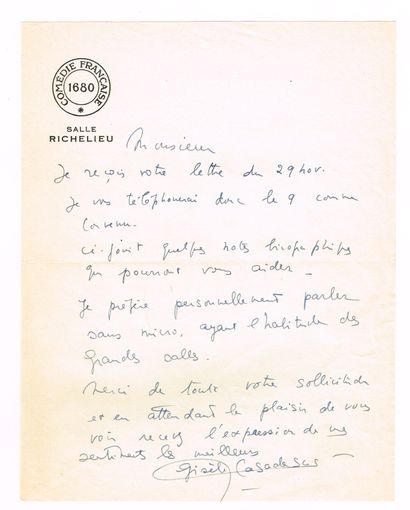 null SPECTACLE - Gisèle CASADESUS (1914 – 2017, comédienne) / Lettre autographe signée,...