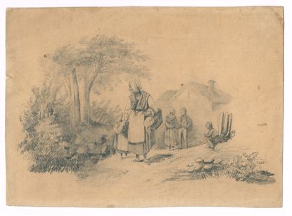 null BEAUX-ARTS / Original pencil drawing (33 x 23,5 cm), XIX° : village scene