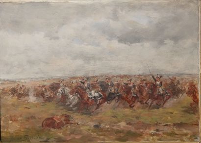 null Oil on mahogany panel 
"The charge of the cavalry
Signed lower left Guido SIGRISTE
20,5...