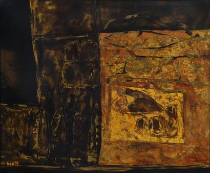 null Chinese lacquer "Abstraction with fish".
Signed lower left Hoa ,98
 50 x 60...