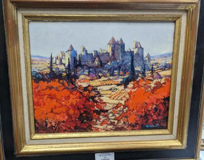 null Oil on canvas 
"City seen from the east, Carcasonne".
Signed lower right Robard
22...
