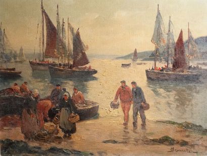 null Oil on canvas 
"Return of Breton fishermen". 
Signed lower right DEMESTER 
27...