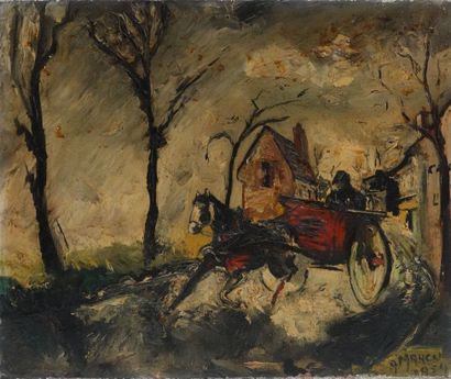 null A. MARCU (XX century) 
Landscape with a carriage, 1954
Oil on canvas signed...