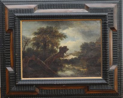 null Oil on canvas 
"Landscape by a river".
Follower of Jacob VAN RUYSDAEL (1628-1682)
25,5...