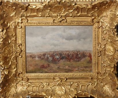 null Oil on mahogany panel 
"The charge of the cavalry
Signed lower left Guido SIGRISTE
20,5...