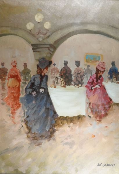 null Oil on canvas 
"Elegant women at tea". 
Signed lower right DE CAROLIS 
70 x...