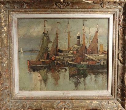 null Oil on isorel 
"Marine at the quay".
Illegible signature on the bottom left...