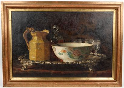 null Still life with a silver tray. 
Oil on canvas, not signed.
41 x 62 cm 
A hole...