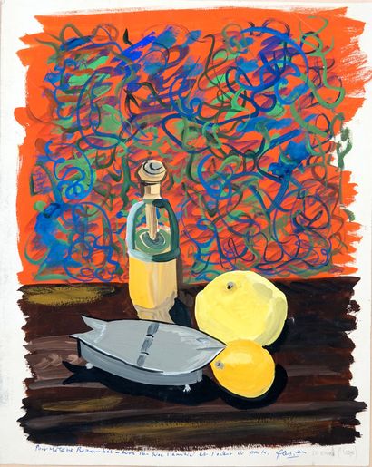 null Anonymous (20th)
Still life with a can of sardines and citrus fruits 
Gouache...