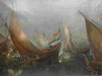 null Ecole hollandaise du XIXe siècle
Marine, bateaux pris dans la tempête
Huile...