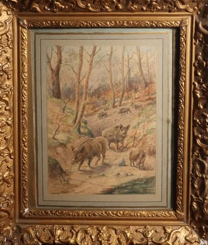 null Watercolor 
"The wild boars" 
Signed lower left Paul COLAS
25 x 18 cm