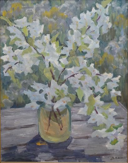 null Oil on canvas "Bouquet of white flowers in a vase" Russian school, signature...