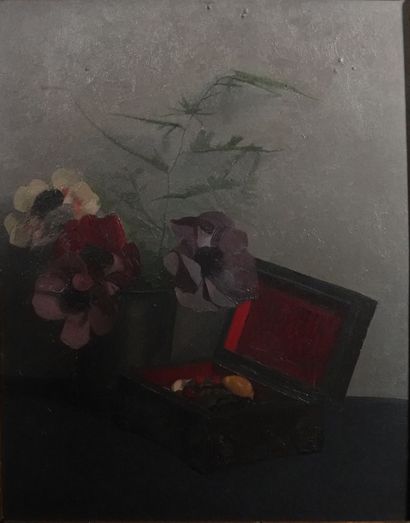 null Lot of 2 oil on canvas: 
"The vase of anemones and the jewelry box" signed lower...