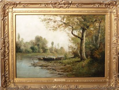 null Oil on panel 
"Landscape with a boat". 
Signed lower right BINA
33 x 47 cm