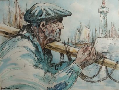 null Watercolor "Portrait of a fisherman 
Signed lower right Paul LAFON, located...