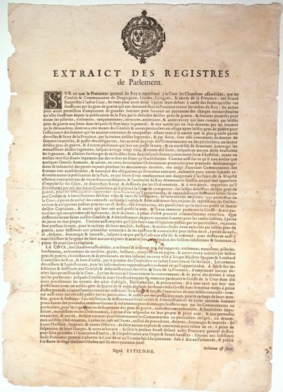 null PROVENCE. 1649. Extrait des Registres du Parlement de PROVENCE. «…Les Consuls...