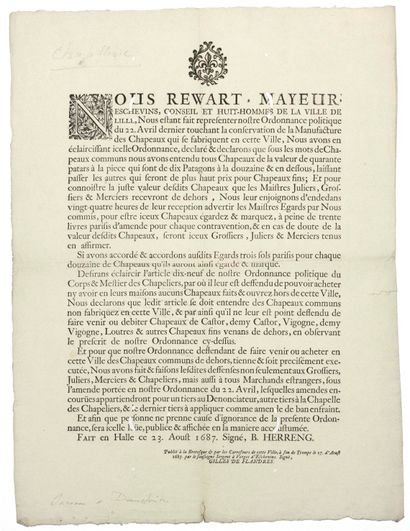 null LILLE (NORD). 1687. CHAPEAUX DE CASTOR, VIGOGNE LOUTRES. «Nous Reward, Mayeur,...