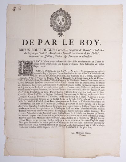 null FLANDRES. LILLE 1685. « De par le Roy » (Louis XIV), Ordonnance de Dreux Louis...