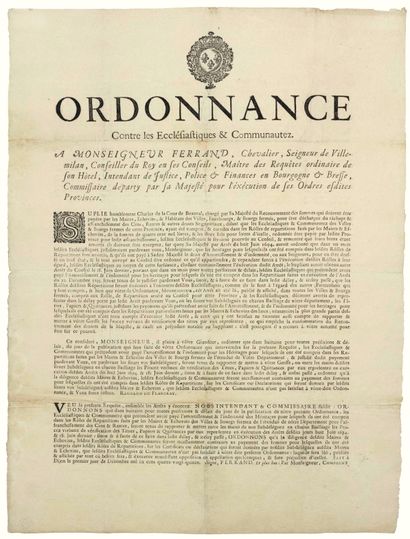 null CÔTE D’OR. 1695. BOURGOGNE BRESSE. – Ordonnance de Monseigneur FERRAND Intendant...