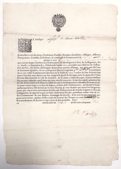 null ISÈRE. LA TAILLE (L’IMPÔT DES SEIGNEURS). 1656. Ordonnance du Duc de LESDIGUIÈRES....