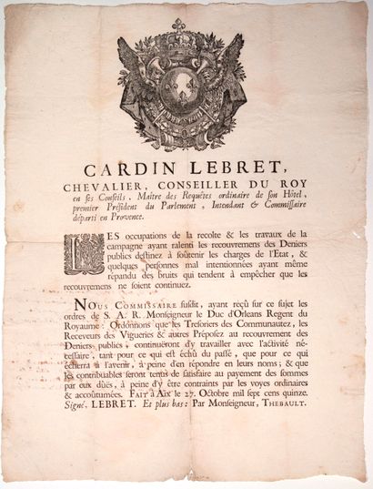 null PROVENCE. 1715. Avis de CARDIN LEBRET Intendant et Commissaire départi en Provence,...