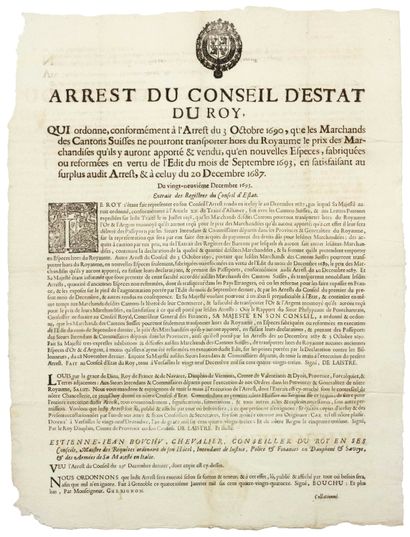 null DAUPHINÉ SAVOIE. 1694. MARCHANDS DES CANTONS SUISSES. MONNAIES. « Arrest du...