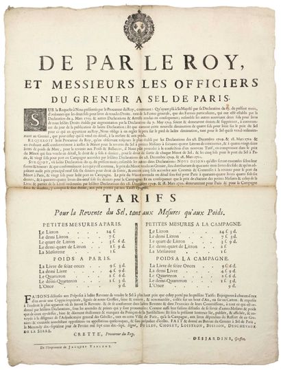 null 1717. GRENIER A SEL DE PARIS GABELLE - «De par le Roy, et Messieurs les Officiers...