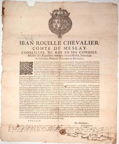 null PROVENCE. 1680. Ordonnance de Jean ROUILLÉ Comte de MESLAY, Intendant en Provence,...