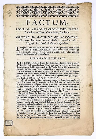 null TARN. ALBI. PROCÈS vers 1716. «Factum pour Me Antoine CROCHINOUS, Prêtre suppliant,...
