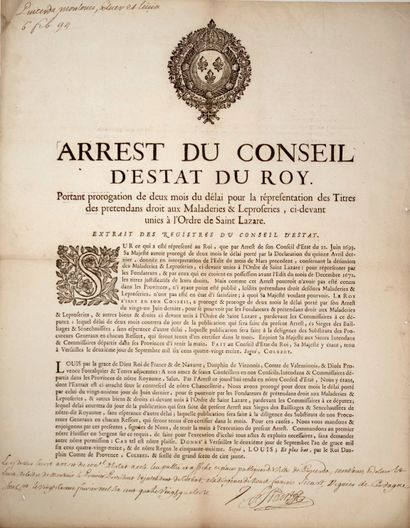 null MALADRERIES LÉPROSERIES. 1693. CERDAGNE (66). « Arrêt du conseil d’État du Roy,...