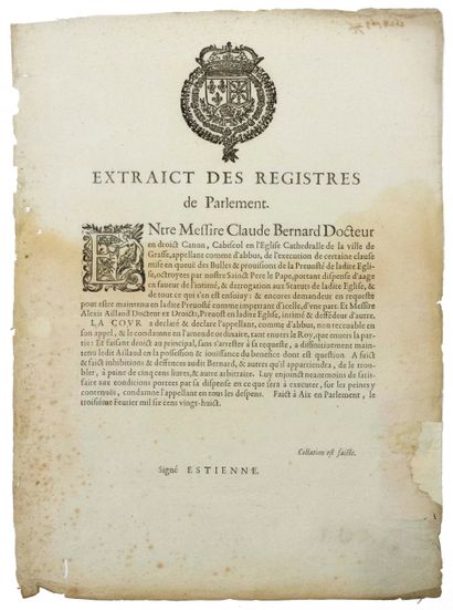 null GRASSE (06). 1628. PARLEMENT DE PROVENCE. Extrait des registres fait à AIX (13),...