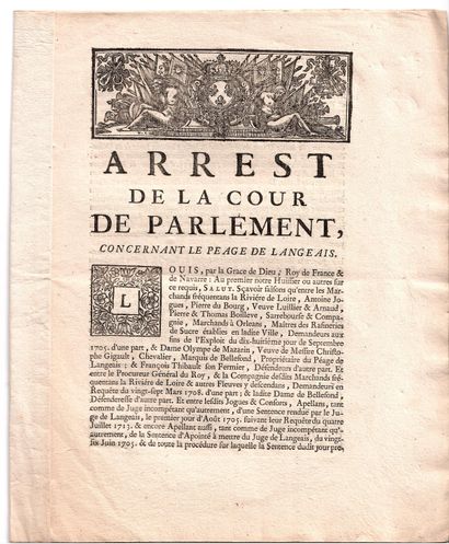 null LE PÉAGE DE LANGEAIS (Indre-et-Loire) 1718. SUCRE. "Arrest de la Cour de Parlement,...