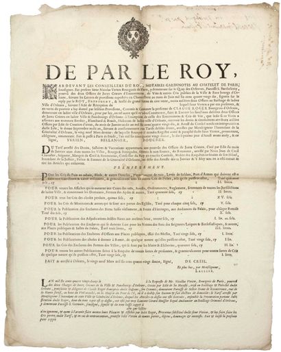 null ORLÉANS (45). 1692. TARIF DES CRIES PUBLIQUES - DE PAR LE ROI, Copie à la requête...