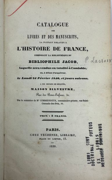null 1839 JACOB ( LE BIBLIOPHILE) CATALOGUE DES LIVRES ET DES MANUSCRITS LA PLUSPART...