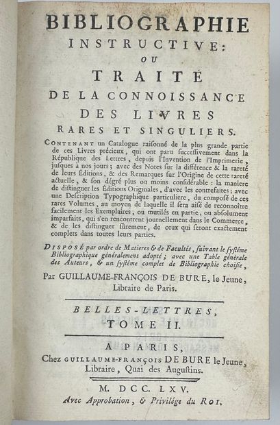 null 1763 DE BURE BIBLIOGRAPHIE INSTRUCTIVE OU TRAITE DE LA CONNAISSANCE DES LIVRES...