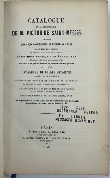 null 1848 SAINT MAURICE VICTOR DE (COMTE) CATALOGUE DE BIBLIOTHEQUE DE M. DE SAINT...