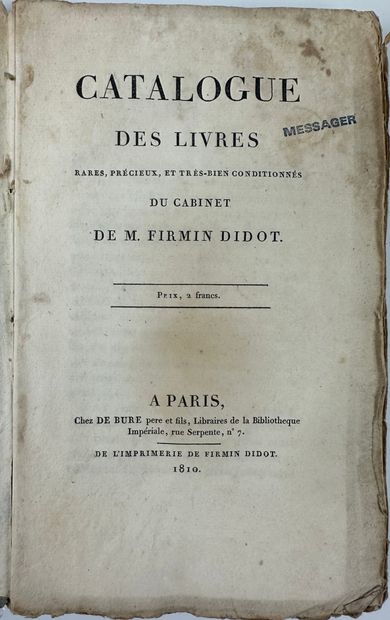 null 1810 DIDOT AMBROISE FIRMIN CATALOGUE DE LIVRES RARES PRECIEUX ET TRES BIEN CONDITIONNES...