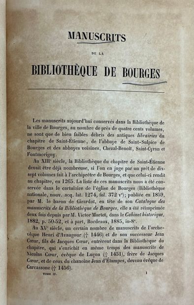 null 1859 BOURGES CATALOGUE DES MANUSCRITS DE LA BIBLIOTHEQUE DE BOURGES PAR HOMONT...